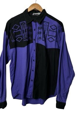 Side Saddle 90s Vintage Black & Purple Button-Up Western Shirt Large